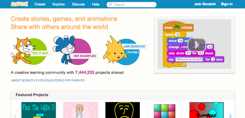 scratch.mit.edu Home Page Screenshot